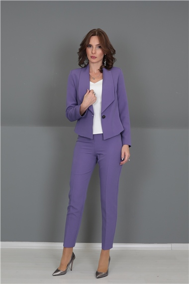 Amerikan Yaka Kısa Klasik Ceket & Dar Paça Pantolon-Lila