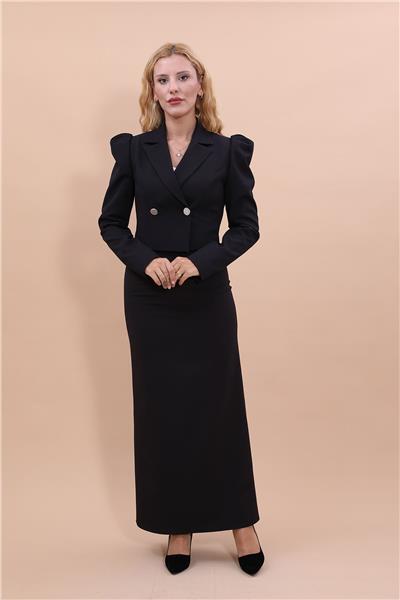 Mini Drapeli Şık Ceket & Uzun Kalem Etek Kadın Takım Elbise-Siyah