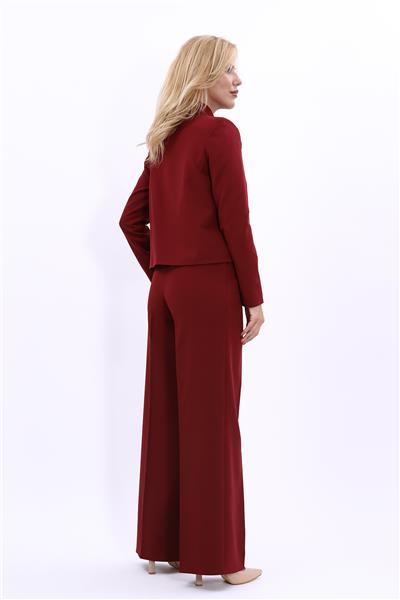 Oval Dik Yaka Kısa Ceket &  Korsaj Kemer Palazzo Pantolon-Bordo