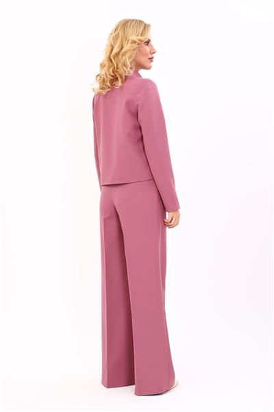 Oval Dik Yaka Kısa Ceket &  Korsaj Kemer Palazzo Pantolon-Rose