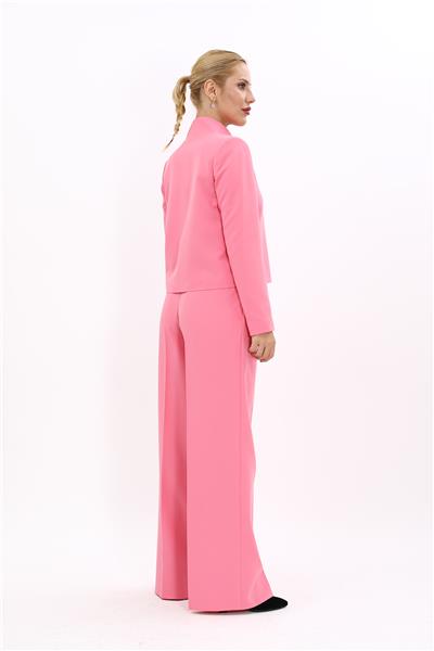 Oval Dik Yaka Kısa Ceket &  Korsaj Kemer Palazzo Pantolon-Pembe