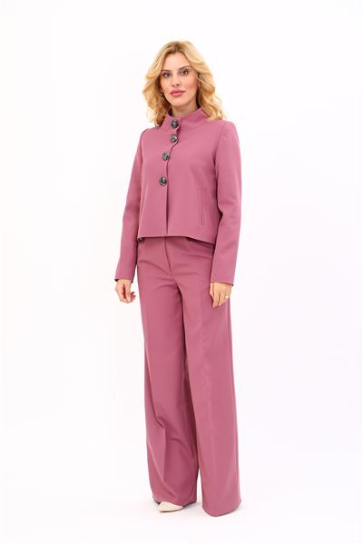 Oval Dik Yaka Kısa Ceket &  Korsaj Kemer Palazzo Pantolon-Rose