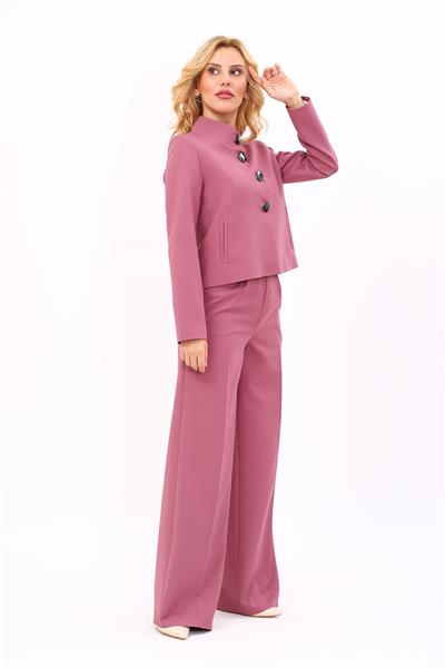 Oval Dik Yaka Kısa Ceket &  Korsaj Kemer Palazzo Pantolon-Rose