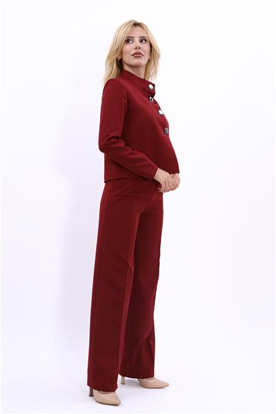 Oval Dik Yaka Kısa Ceket &  Korsaj Kemer Palazzo Pantolon-Bordo