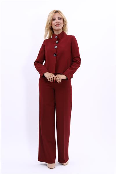 Oval Dik Yaka Kısa Ceket &  Korsaj Kemer Palazzo Pantolon-Bordo