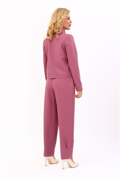 Oval Dik Yaka Kısa Ceket &  Paçası Pileli Pantolon-Rose