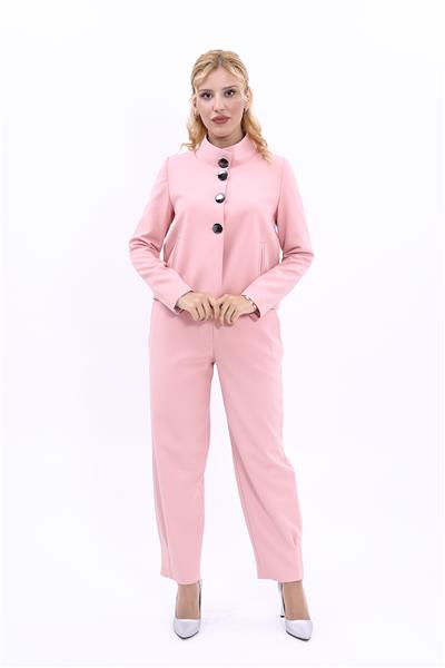 Oval Dik Yaka Kısa Ceket &  Paçası Pileli Pantolon-Pudra