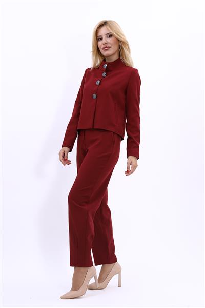 Oval Dik Yaka Kısa Ceket &  Paçası Pileli Pantolon-Bordo