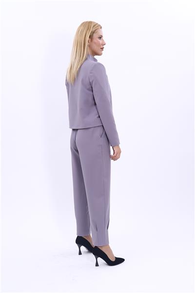 Oval Dik Yaka Kısa Ceket &  Paçası Pileli Pantolon-Antrasit