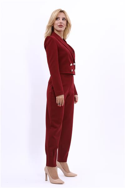 Oval Dik Yaka Kısa Ceket &  Paçası Pileli Pantolon-Bordo