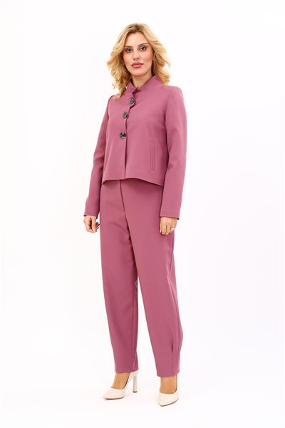 Oval Dik Yaka Kısa Ceket &  Paçası Pileli Pantolon-Rose