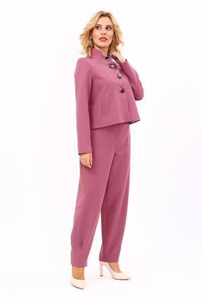 Oval Dik Yaka Kısa Ceket &  Paçası Pileli Pantolon-Rose
