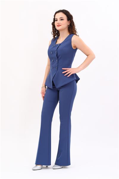 Oval Yaka Düğmeli Kruvaze Yelek & Lastikli İspanyol paça Pantolon Kadın Takım Elbise-İndigo