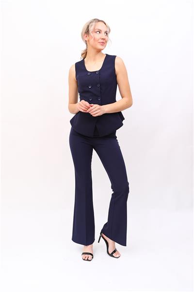 Oval Yaka Düğmeli Kruvaze Yelek & Lastikli İspanyol paça Pantolon Kadın Takım Elbise-Lacivert