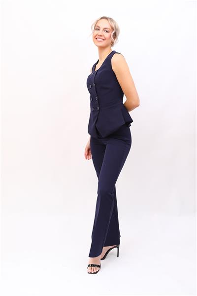 Oval Yaka Düğmeli Kruvaze Yelek & Lastikli İspanyol paça Pantolon Kadın Takım Elbise-Lacivert