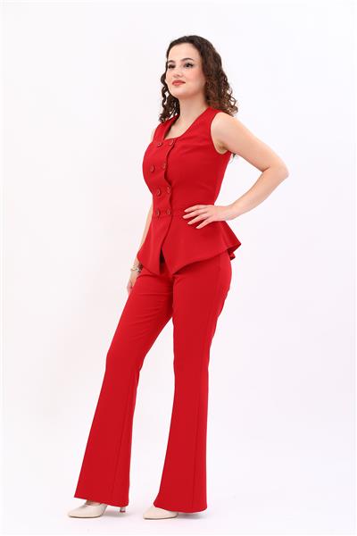 Oval Yaka Düğmeli Kruvaze Yelek & Lastikli İspanyol paça Pantolon Kadın Takım Elbise-Kırmızı