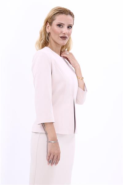 Oval Yaka Kısa Ceket-Bej