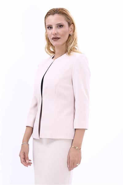 Oval Yaka Kısa Ceket-Bej