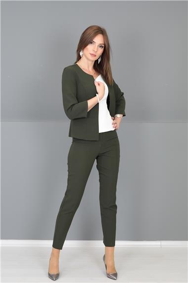Sıfır Yaka Düz Kısa Ceket &  Dar Paça Pantolon-Haki