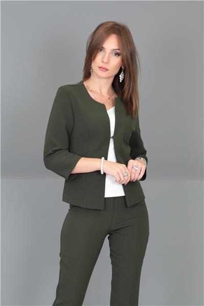 Oval Yaka Kısa Ceket-Haki