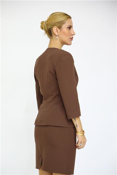Oval Yaka Kısa Ceket-Kestane