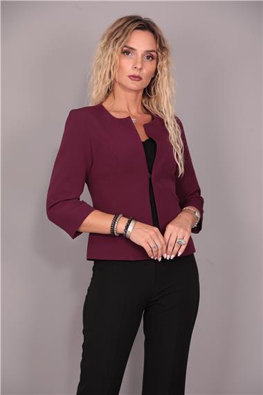 Sıfır Yaka Düz Kısa Ceket-Mürdüm