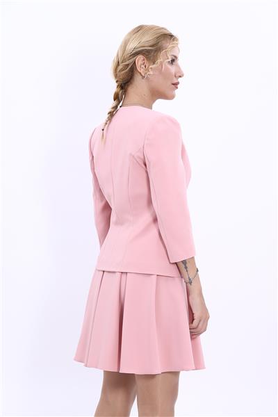 Oval Yaka Kısa Ceket-Pudra