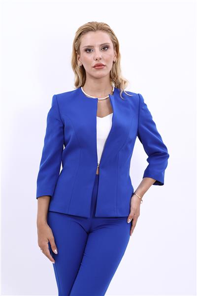 Oval Yaka Kısa Ceket-Saks