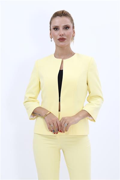 Oval Yaka Kısa Ceket-Sarı