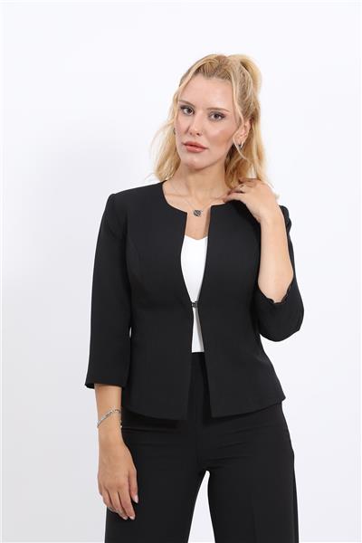 Oval Yaka Kısa Ceket-Siyah