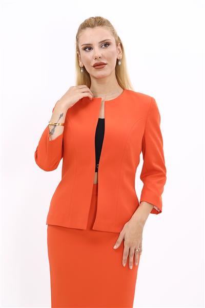 Oval Yaka Kısa Ceket-Turuncu