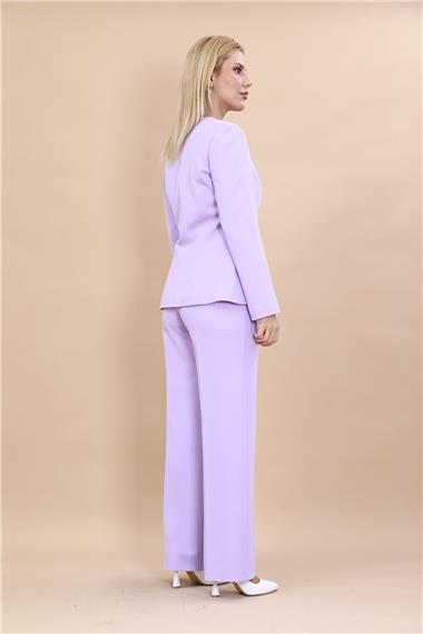Oval Yaka Yandan Kuplu Klasik Ceket & Bol Paça Pantolon-Menekşe