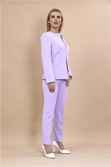 Oval Yaka Yandan Kuplu Klasik Ceket & Dar Paça Pantolon-Menekşe