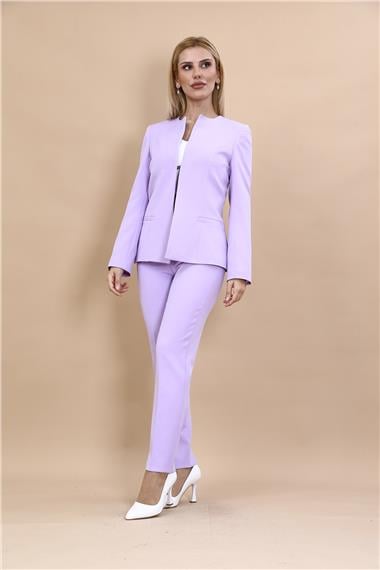 Oval Yaka Yandan Kuplu Klasik Ceket & Dar Paça Pantolon-Menekşe