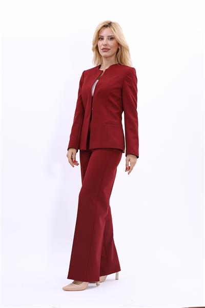 Oval Yaka Yandan Kuplu Klasik Ceket & Bol Paça Pantolon-Bordo