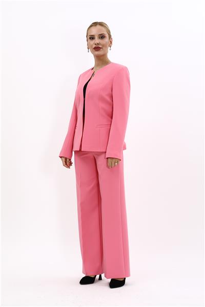Oval Yaka Yandan Kuplu Klasik Ceket & Bol Paça Pantolon-Pembe