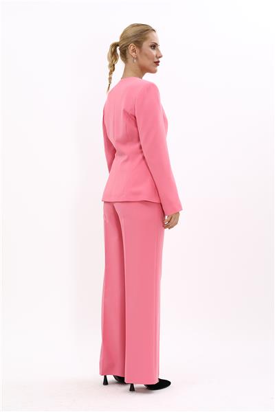 Oval Yaka Yandan Kuplu Klasik Ceket & Bol Paça Pantolon-Pembe