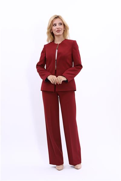 Oval Yaka Yandan Kuplu Klasik Ceket & Bol Paça Pantolon-Bordo