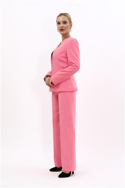 Oval Yaka Yandan Kuplu Klasik Ceket & Bol Paça Pantolon-Pembe