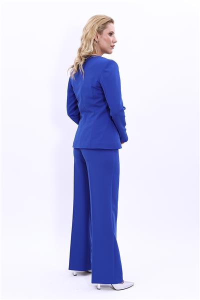 Oval Yaka Yandan Kuplu Klasik Ceket & Bol Paça Pantolon-Saks