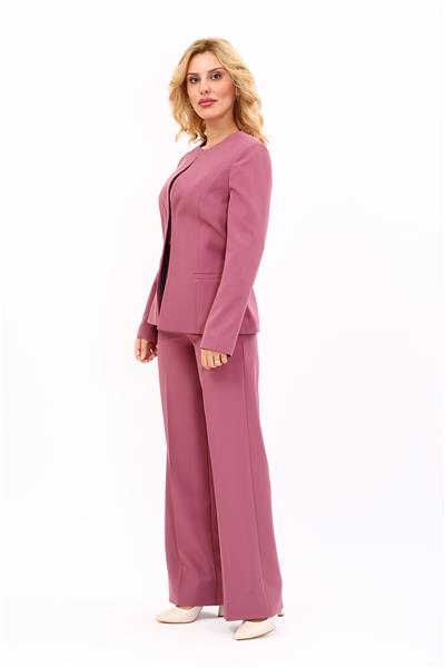Oval Yaka Yandan Kuplu Klasik Ceket & Bol Paça Pantolon-Rose