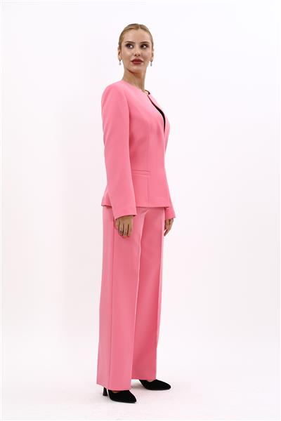 Oval Yaka Yandan Kuplu Klasik Ceket & Bol Paça Pantolon-Pembe