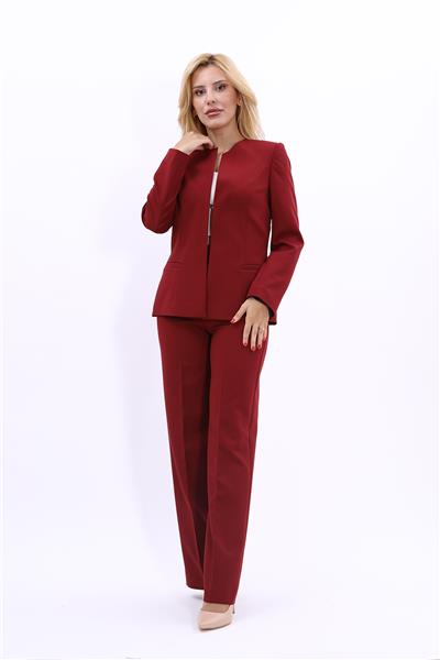 Oval Yaka Yandan Kuplu Klasik Ceket & Bol Paça Pantolon-Bordo