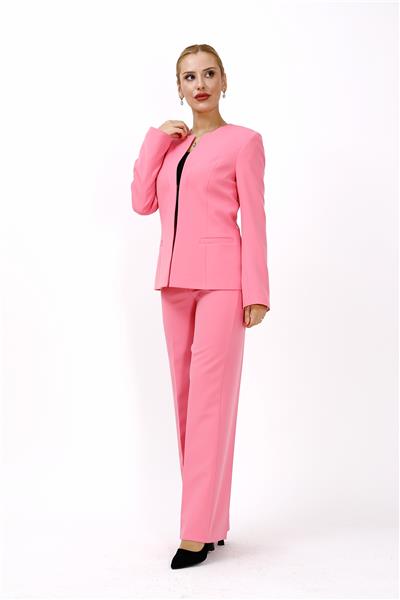Oval Yaka Yandan Kuplu Klasik Ceket & Bol Paça Pantolon-Pembe