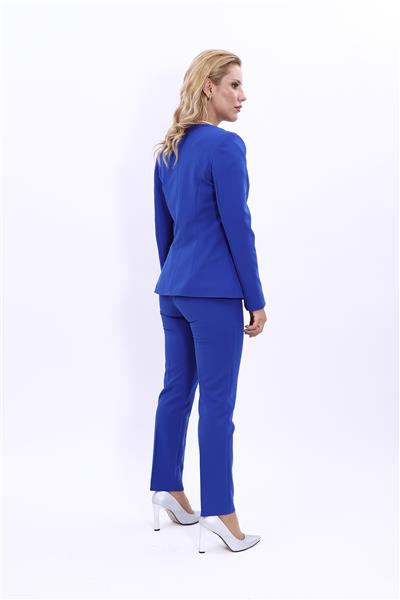 Oval Yaka Yandan Kuplu Klasik Ceket & Dar Paça Pantolon-Saks