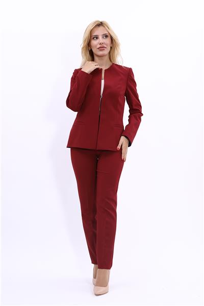 Oval Yaka Yandan Kuplu Klasik Ceket & Dar Paça Pantolon-Bordo