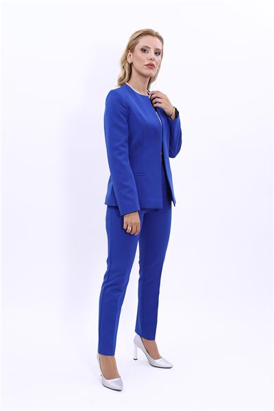 Oval Yaka Yandan Kuplu Klasik Ceket & Dar Paça Pantolon-Saks