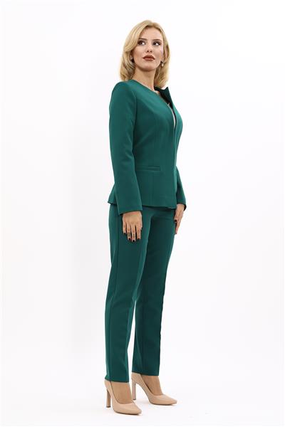 Oval Yaka Yandan Kuplu Klasik Ceket & Dar Paça Pantolon-Zümrüt