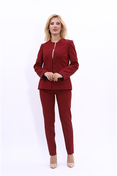 Oval Yaka Yandan Kuplu Klasik Ceket & Dar Paça Pantolon-Bordo