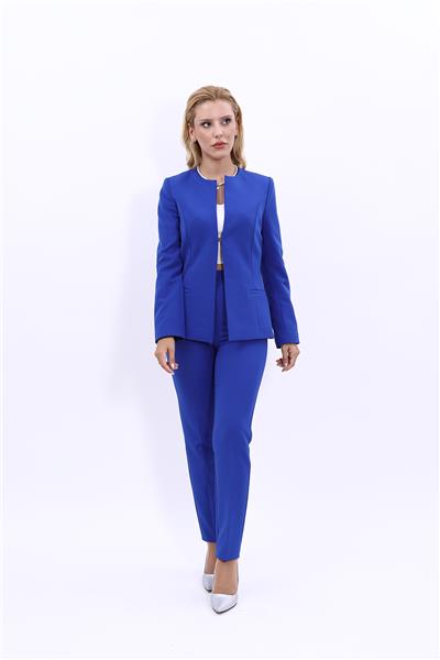 Oval Yaka Yandan Kuplu Klasik Ceket & Dar Paça Pantolon-Saks